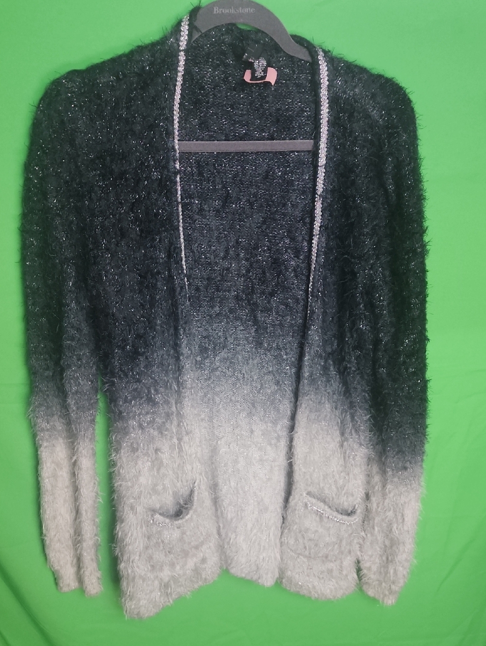 BKE Boutique Black Gray Ombré Fuzzy Knit Metallic Cardigan Open Front LARGE